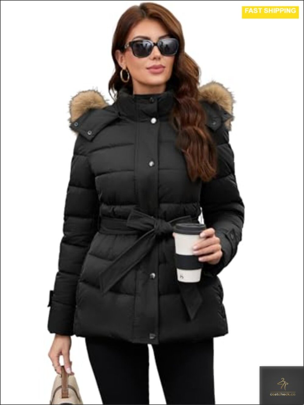 Women's Mid-Length Puffer Coat with Faux Fur Collar, Belted Winter Jacket